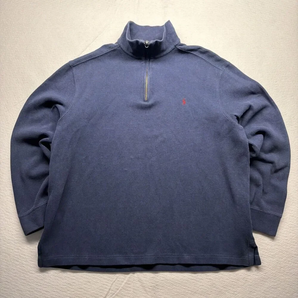 Vintage 90s Polo Ralph Lauren 1/4 Zip Blue Pullover Sweater Red Pony USA Men’s L